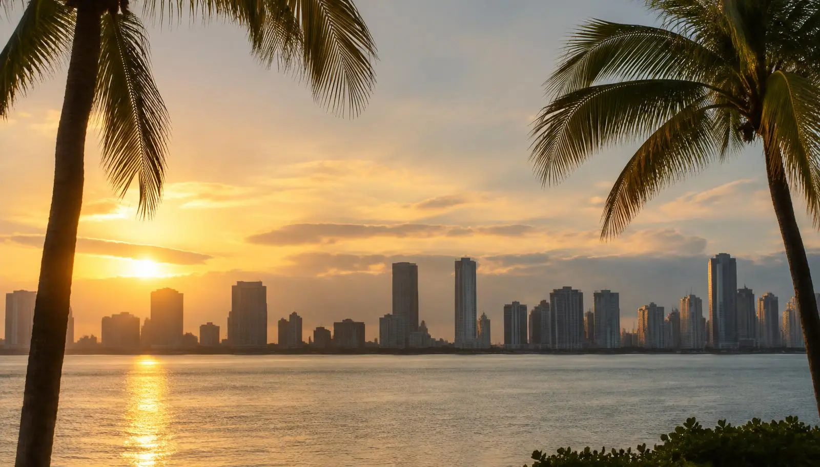 Florida palms and calm water at golden hour
